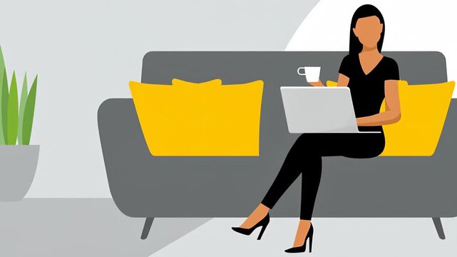 Illustration of a woman sitting on a gray couch with yellow cushions, working on a laptop while holding a cup, showcasing a modern home office environment with a relaxed atmosphere