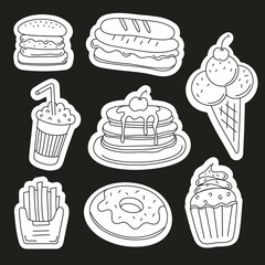 Hand drawn food doodle sticker pack. Sketch style delivery cafe and restaurant icons. Set vector illustration doodles of food, drink, dessert, beverage for invitations, menus and parties. 