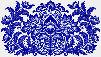 Fototapeta premium Very beautiful Elegant Royal Blue Damask Pattern Design A Timeless Ornamental Motif Featuring Classic Floral Elements for Textile Prints and Decorative Applications Vintage Victorian white background.
