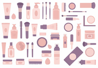 Flat lay illustration of assorted beauty and cosmetic products in pastel pink and purple tones.