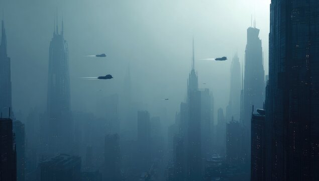 Fog-shrouded futuristic cityscape with several sleek, dark spacecraft flying through the hazy air, tall, gothic-esque buildings dominate the skyline - Powered by Adobe