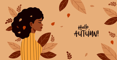 Pretty Black Woman with Autumn Leaves poster. Female Autumnal ethnic Portrait. Stylish Seasonal horizontal banner Hello, autumn. Vector illustration. Not AI