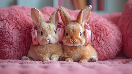 Two baby bunnies sharing headphones and enjoying music together