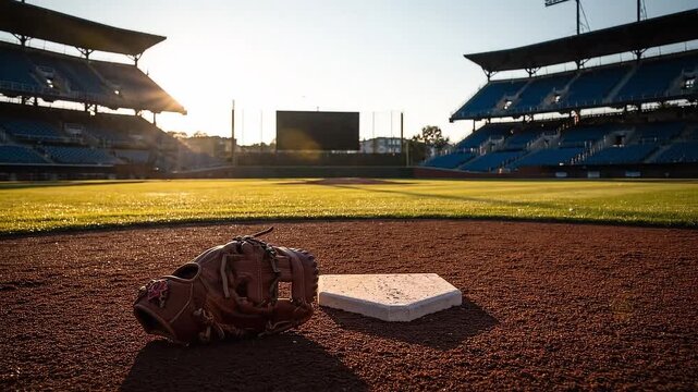 A baseball glove rests on home plate in a quiet stadium, bathed in the warm, golden light of a setting sun