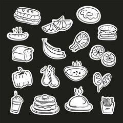 Hand drawn food doodle sticker pack. Sketch style delivery cafe and restaurant icons. Set vector illustration doodles of food, drink, dessert, beverage for invitations, menus and parties. 