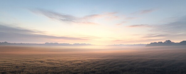 A hazy and glowing sunrise over a vast open field