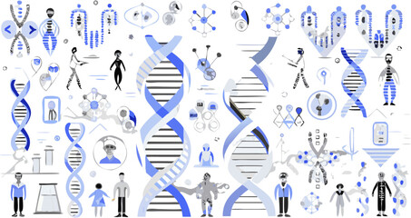 Illustration showing dna strands, human figures, and scientific concepts in blue and gray tones silhouette