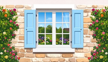 Rustic window with blue shutters, flowers