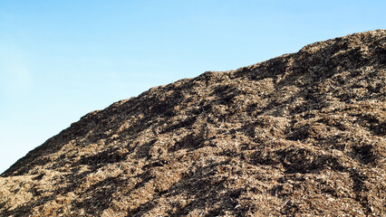 mountains of wood chips against the blue sky and green forest