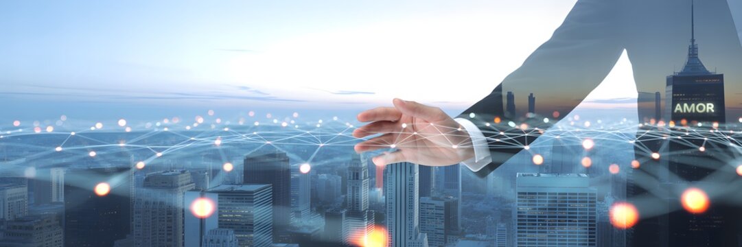 Urban Integration: A composite image intertwines the cityscape with a human element, showcasing the interconnectedness of modern urban life through digital lines and the presence of a professional. - Powered by Adobe