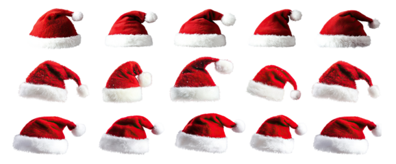 Collection of red Santa hats with white fur trim isolated on transparent background. Multiple Christmas hat styles with different angles and fluffy textures.