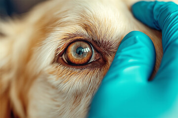 Veterinarian carefully inspecting a dog's eye using blue gloves, showing precision, trust and attentive care during a close medical evaluation.