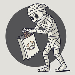 Cute Halloween Mummy Trick-or-Treat Vector Illustrations &ndash; Spooky Cartoon Characters with Candy and Pumpkins