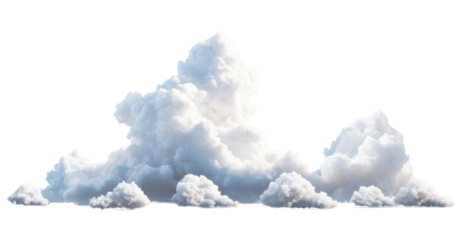 Soft, fluffy clouds float gracefully against a bright white background, creating a calm and peaceful atmosphere. The clouds vary in size and shape, enhancing the tranquility.