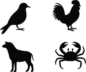 Obraz premium A collection of four black silhouettes depicting different animals: a bird, a rooster, a dog, and a crab. Each silhouette represents a distinct animal form, making this design suitable for themes rela