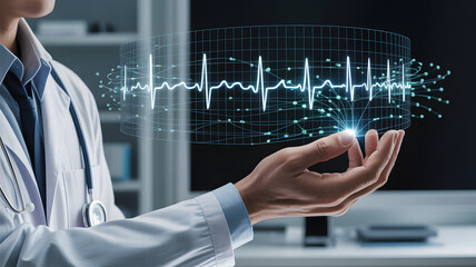 Medical Professional Interacting with 3D Holographic ECG Interface 