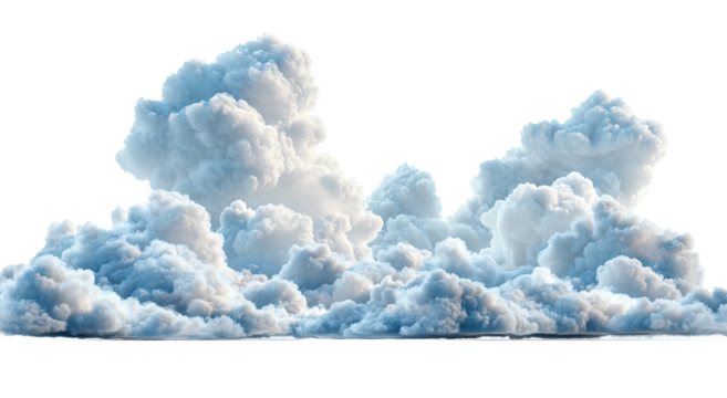 Large fluffy cumulus cloud formation isolated on transparent background. Soft white clouds with blue shadows and natural detail. Realistic sky element perfect for weather, nature, and atmospheric.