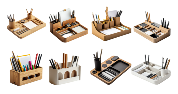 Modern desk organizers with compartments for pens, notes, and office supplies. Wooden and plastic designs in assorted styles and colors. Functional desktop storage solutions ideal for home