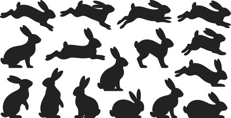 Rabbit silhouette set, black bunny icons, jumping rabbit graphics, sitting hare illustration, animal vector design, wildlife clipart, cute pet shapes, educational rabbit art.