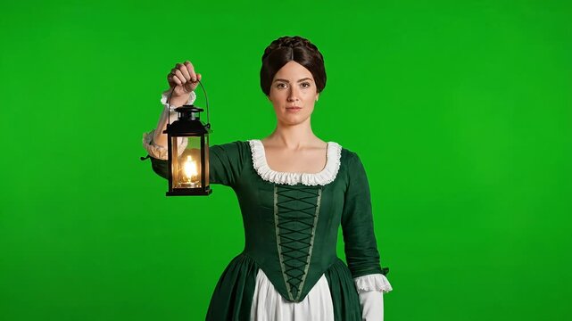 A Determined Woman in a Period Gown Walks into Frame Holding a Glowing Lantern on Green Screen
