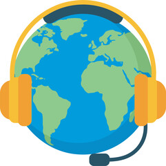 Stylized globe of Earth wearing a yellow and blue headset with an attached microphone.