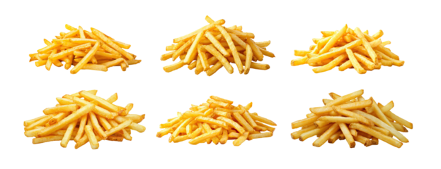 Golden crispy French fries in multiple piles on white background. Freshly cooked potato sticks with crunchy texture and golden brown color. Isolated fast food snack arrangement in high detail.