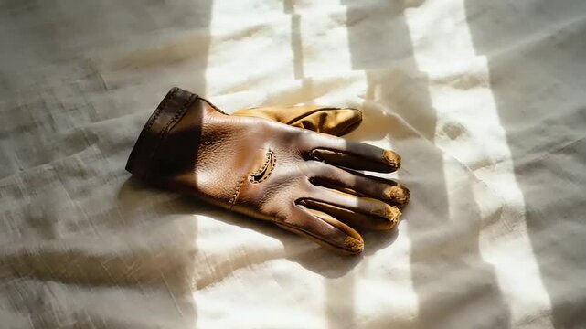 Worn leather glove lies on wrinkled fabric in sunlight