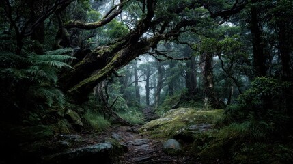 Fototapeta premium Enchanted Ancient Forest with Mist and Wandering Spirits