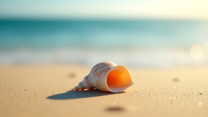 Seashell on a sandy beach with ocean background