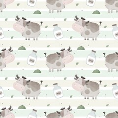 Obraz premium Seamless pattern with cartoon cows. Flat colorful vector for kids. hand drawing. animals. baby design for fabric, textile, wrapper, print.