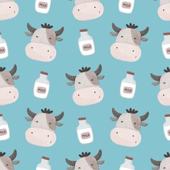 Seamless pattern with cartoon cows. Flat colorful vector for kids. hand drawing. animals. baby design for fabric, textile, wrapper, print