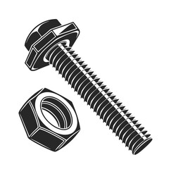 A black silhouette of a structural bolt and nut set. Industrial hardware fastener illustration in a vintage monochrome style.