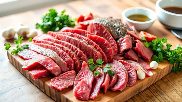 Freshly sliced raw beef cuts with garlic and parsley on a wooden board, perfect for grilling.