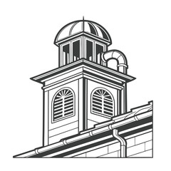Architectural line art illustration of a building cupola with a ventilation duct system. Black and white vector design of a classic tower.