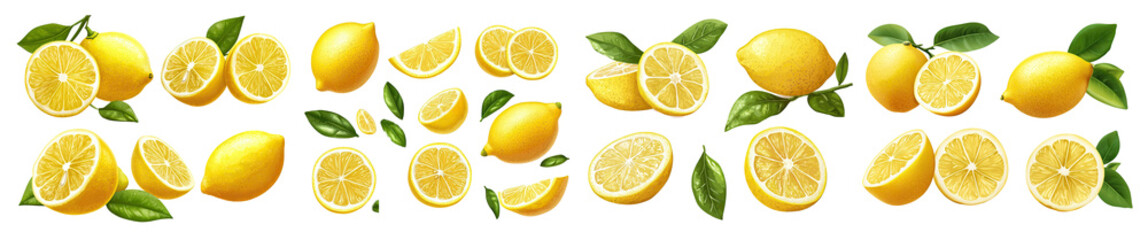 Fresh yellow lemons with green leaves isolated on transparent background. Whole fruits, halves, and slices showing juicy pulp and vibrant color.