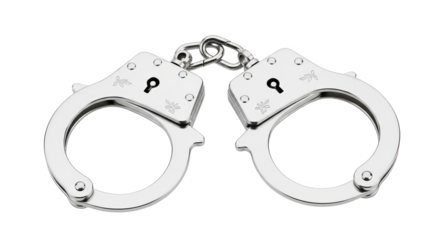 A pair of shiny, chrome handcuffs are linked together, implying restriction.