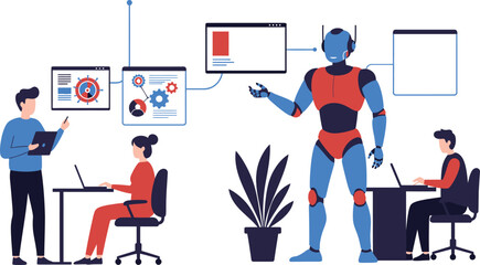 Vector illustration showing human and robot office collaboration, analyzing digital data on multiple screens, highlighting the synergy of AI and human intelligence in modern business.