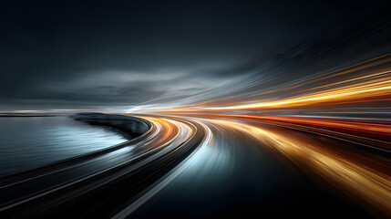 Fototapeta premium A blurred abstract road curves into the distance with streaks of light, suggesting highspeed travel and a futuristic journey