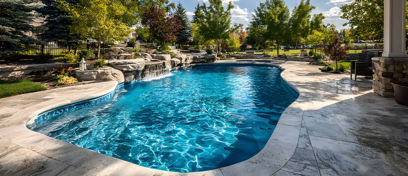 Sparkling clean swimming pool featuring freshly applied vinyl liner, vibrant blue surface shining under sunlight, backyard renovation and luxury outdoor lifestyle concept for summer enjoyment
