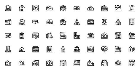 House types icon set. Vector illustration of diverse dwellings including bungalow, mansion, cottage, lighthouse, caravan, teepee, windmill, flat, tent, castle and more. Minimalist housing collection.