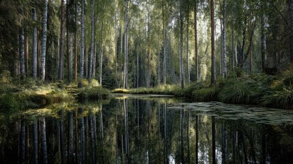 Obraz premium Serene Forest Pond Surrounded by Tall Birch Trees in Tranquil Landscape