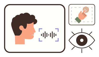 Person speaking with audio waveform, hand tapping a screen, and eye symbolizing voice, touch, and vision interactions. Ideal for AI, accessibility, UX design, technology innovation communication