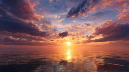 Fototapeta premium Captivating Sunrise Over Ocean with Dramatic Cloudy Background