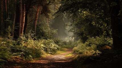 Fototapeta premium Captivating Tranquil Forest Path Through Lush Greenery and Light