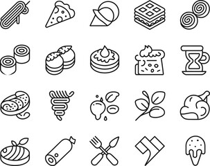Collection of hand drawn food and drink icons in black and white outline style
