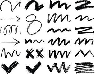 Collection of hand drawn chalk brush strokes and symbols on white background