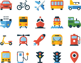 Collection of colorful cartoon vehicles and transportation icons