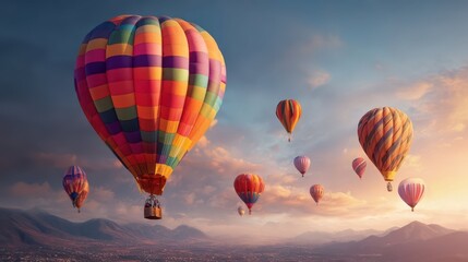 Fototapeta premium Colorful Hot Air Balloons Floating Over Scenic Landscape at Sunrise