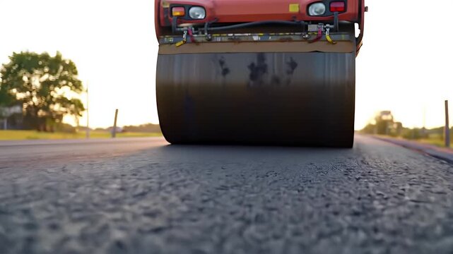 Road roller compacting new asphalt at sunset, construction and infrastructure project