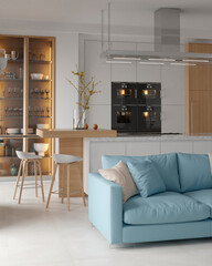 Modern house interior kitchen with living room design. 3D Render	